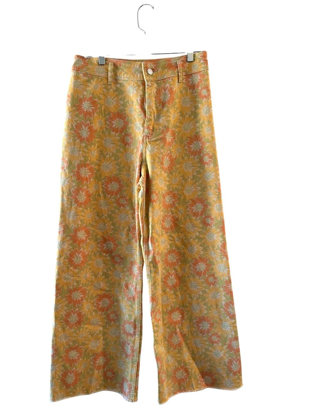 Zara Yellow Orange Floral Retro Wide Leg Denim Jeans Women Sz 12